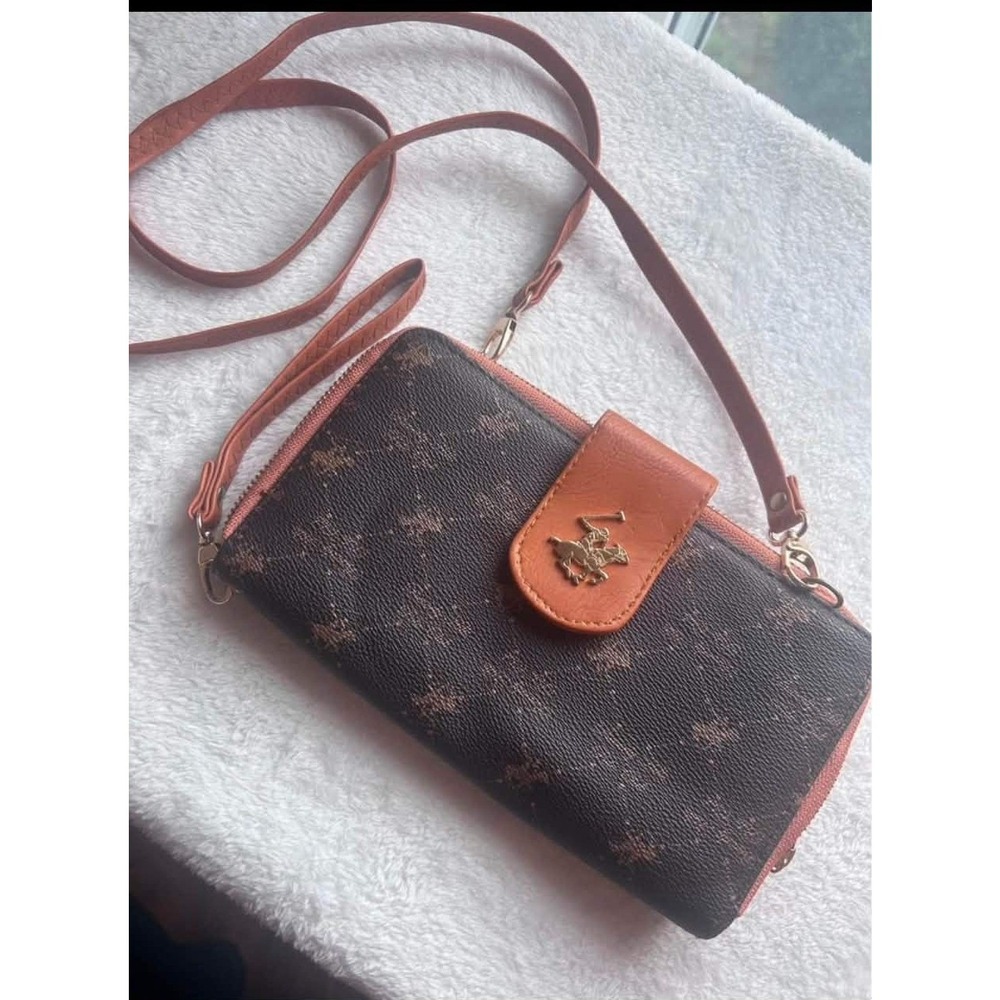 Beverly Hills Polo Club Crossbody Wallet Women Small Brown Monogram Phone Bag
